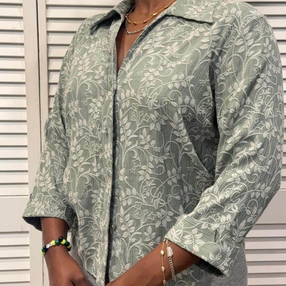 Green stitched floral button up